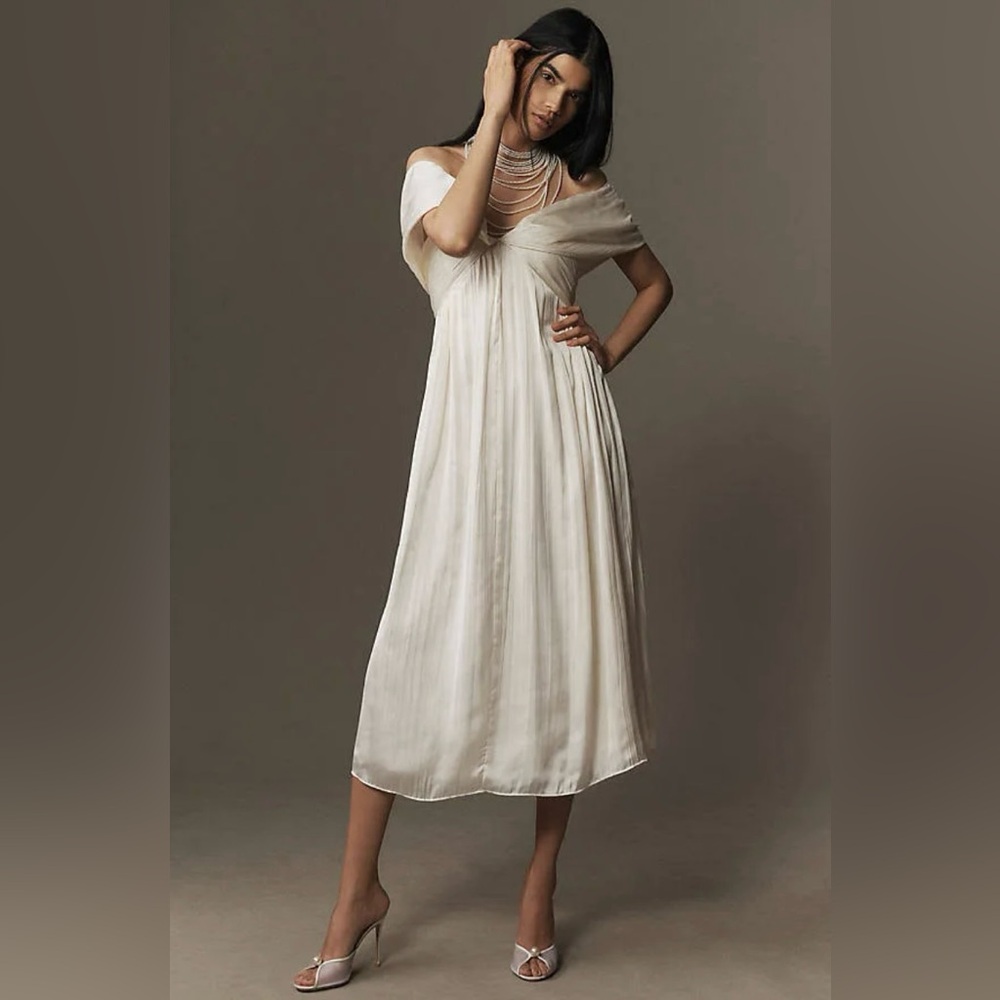 BHLDN off-the-shoulder pleated midi dress